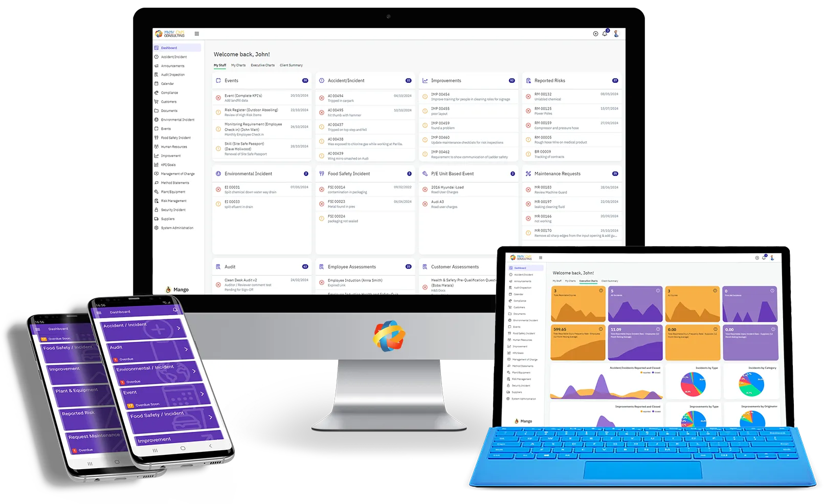 Mango - Cloudbased software to improve your compliance Mango QHSE Monitor, laptop and mobile app